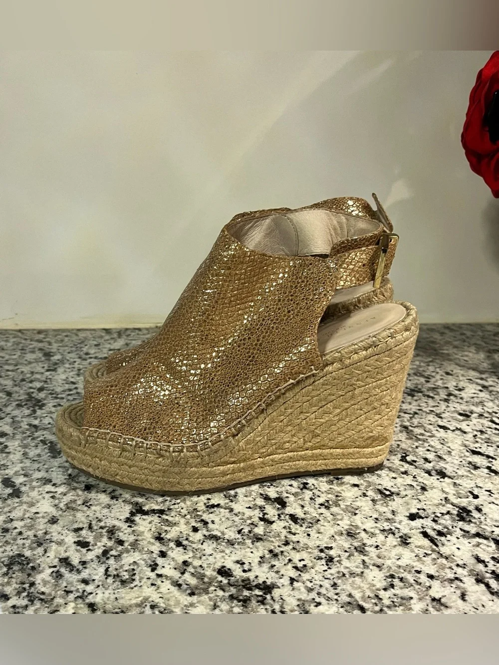 Kenneth Cole Odette Gold Shimmer Wedge Espadrille Sandal